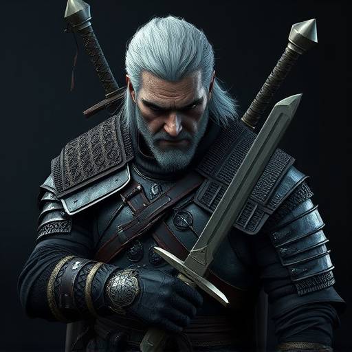Geralt de Rivia (Henry Cavill) em armadura de bruxo, empunhando espadas em um cen&aacute;rio de fantasia sombria