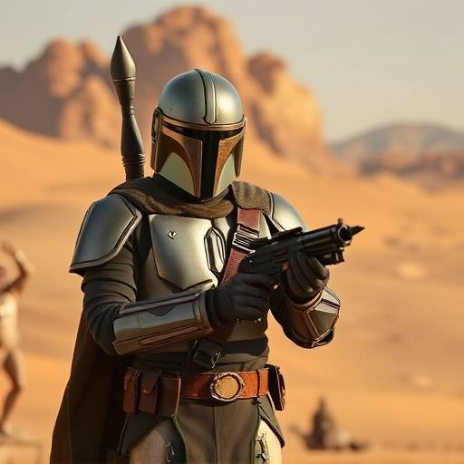 O Mandaloriano (Din Djarin) segurando o pequeno Grogu (Baby Yoda) em seus bra&auml;os, em um deserto alien&iacute;gena