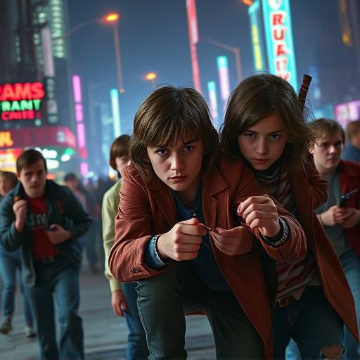 Personagens de Stranger Things em uma cena de a&auml;&atilde;o com luzes de n&eacute;on ao fundo